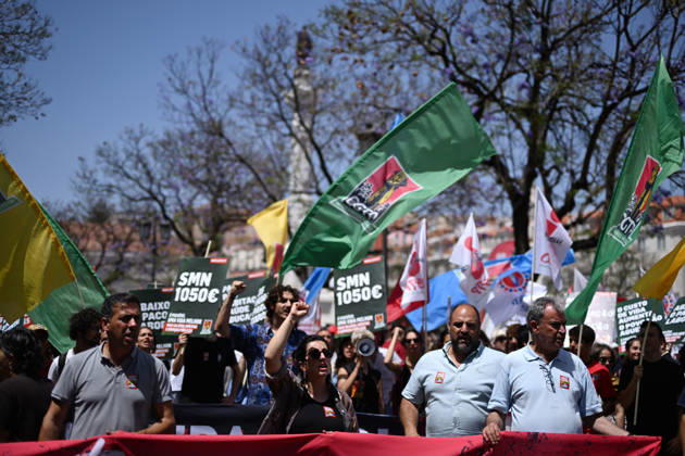 Nationwide Strike For Workers Lisbon LISBON, PORTUGAL - JUNE 03: Protesters hold a banner and wave red trade union flags as they line the streets during a national mobilization in Lisbon, Portugal on June 03, 2026. The demonstration, organized under the National Fight Day motto, demands increased wages, guaranteed labor rights, and measures against the rising cost of living, while advocating for the right to health and housing. Zed Jameson Anadolu Lisbon Portugal. Editorial use only. Please get in touch for any other usage.  Copyright: x2026xAnadoluxZedxJamesonx