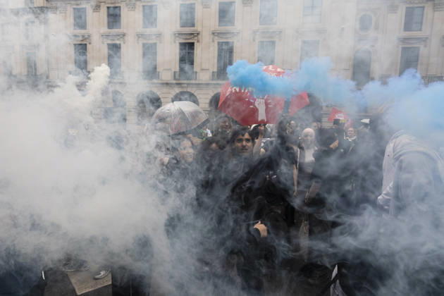 With parliament set to vote today on the approval of the French-speaking education reform, large numbers of teachers are demonstrating outside the Parliament of the Wallonia-Brussels Federation. Since this morning, sporadic clashes between small groups of protesters and the police have punctuated the demonstration. The reform is deeply unpopular among teachers, and the very fact that it is being put to a vote has sparked a fierce debate between the majority and the opposition. - 04 06 2026 - Belgium Brussels Brussels -  NicolasxLandemardx xLexPictorium LePictorium_0335446