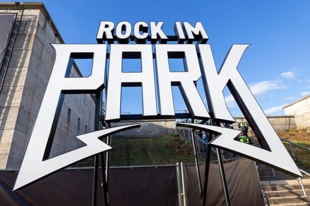 Music festival Rock im Park 2026, Nuremberg, 05 06 2026 Entrance gate with the striking logo lettering of the music festival Rock im Park Nuremberg Bavaria Germany 20260605-6V2A7009-M4000