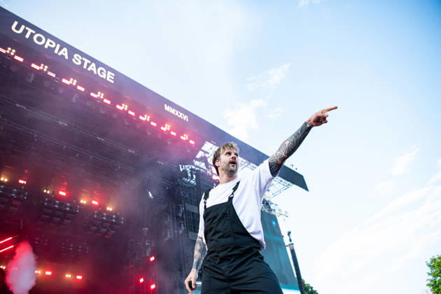 Singer Sebastian Sushi Biesler from the German metalcore and trancecore band Electric Callboy will bring ecstasy to the audience with a high-energy show on the Utopia Stage main stage at Rock im Park 2026 Nuremberg Zeppelinfeld Bavaria Germany
