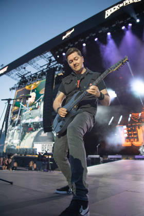 Danish guitarist Flemming Clausen from the Danish rock band Volbeat thrills fans with their unmistakable mix of metal, rock n roll and rockabilly on the Utopia Stage main stage at Rock im Park 2026 The traditional festival on the Zeppelin Field is one of the absolute highlights of the German open air season Nuremberg Zeppelin Field Bavaria Germany