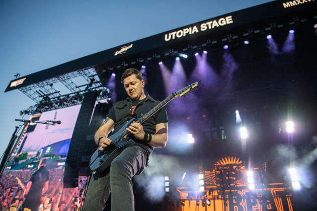 Danish guitarist Flemming Clausen from the Danish rock band Volbeat thrills fans with their unmistakable mix of metal, rock n roll and rockabilly on the Utopia Stage main stage at Rock im Park 2026 The traditional festival on the Zeppelin Field is one of the absolute highlights of the German open air season Nuremberg Zeppelin Field Bavaria Germany