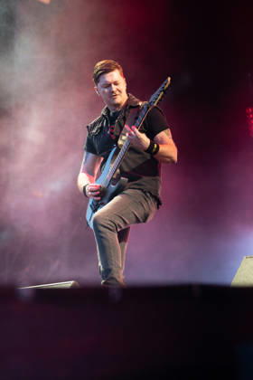 Danish guitarist Flemming Clausen from the Danish rock band Volbeat thrills fans with their unmistakable mix of metal, rock n roll and rockabilly on the Utopia Stage main stage at Rock im Park 2026 The traditional festival on the Zeppelin Field is one of the absolute highlights of the German open air season Nuremberg Zeppelin Field Bavaria Germany