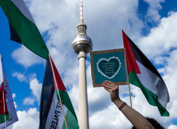 June 5, 2026, Berlin, Berlin, Germany: During a Naksa Day demonstration in Berlin, a protester holds a sign reading, Ã¢â‚¬oeI just want children to have a future.Ã¢â‚¬Â Berlin s iconic Berliner Fernsehturm (TV Tower) can be seen in the background, while Palestinian flags surround the crowd. Berlin Germany - ZUMAc291 20260605_zip_c291_008 Copyright: xMariaxCastrox
