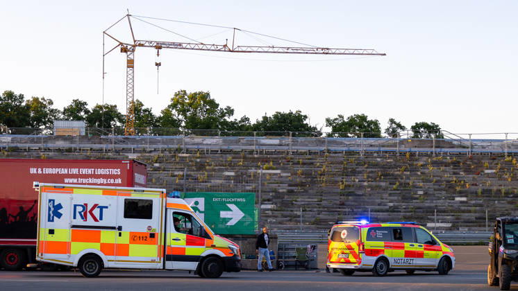 Music festival Rock im Park 2026, Nuremberg, 05 06 2026 RKT ambulance and emergency ambulance of the Bavarian Red Cross BRK drive from the festival area Nuremberg Bavaria Germany 20260605-286A7999-M4000