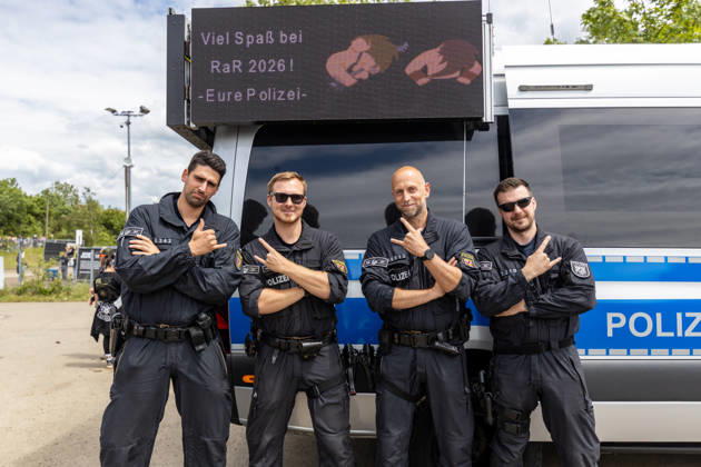 Rock am Ring 2026 06 06 26 The police are on site and wish visitors a lot of fun Second festival day on Saturday, 06 06 2026, at Rock am Ring 2026 at the Nürburgring in the Eifel The three-day music festival takes place from June 5 to 7, 2026 and is one of the largest open air festivals in Germany Nürburg Nürburgring Rhineland-Palatinate Germany Copyright: xMarcxJohnx
