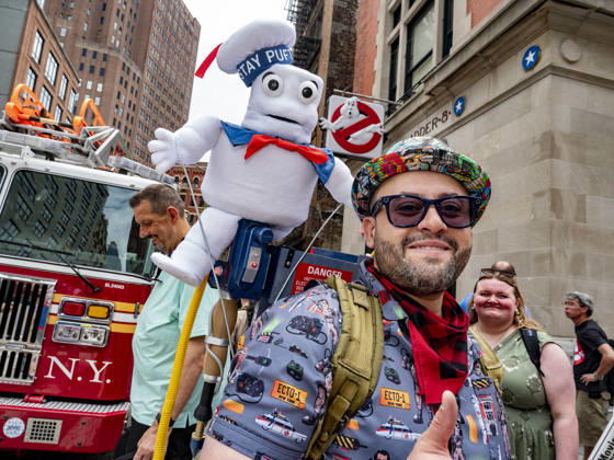 June 6, 2026, New York, New York, USA: Fan with Stay Puft Marshmallow Man at Ghostbusters Day 2006 at Hook & Ladder 8 Tribeca NYC..A street celebration fundraiser benefiting the FDNY Foundation at the beloved firehouse .famous in the Ghostbuster movie franchise with Ecto-1 vehicle displays, music,. fan merchandise and special guests. New York USA  - ZUMAh156 20260606_znp_h156_003 Copyright: xMiloxHessx