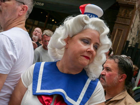 June 6, 2026, New York, New York, USA: Woman in Stay Puft Marshmallow costume at Ghostbusters Day 2006 at Hook & Ladder 8 Tribeca NYC..A street celebration fundraiser benefiting the FDNY Foundation at the beloved firehouse .famous in the Ghostbuster movie franchise with Ecto-1 vehicle displays, music,. fan merchandise and special guests. New York USA  - ZUMAh156 20260606_znp_h156_005 Copyright: xMiloxHessx