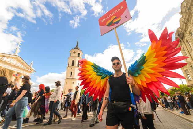 June 6, 2026, Vilnius, Lithuania: A participant wearing rainbow wings holds a placard saying Myliu Lietuv? (I love Lithuania) during the pride parade. Vilnius on June 6 marked Lithuanian Pride 2026 with a march for equality, drawing thousands to the city center in a public show of visibility, solidarity, and support for LGBTQ+ rights. Vilnius Lithuania - ZUMAs197 20260606_aaa_s197_201 Copyright: xYauhenxYerchakx