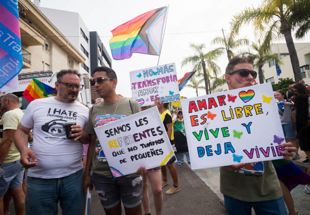 June 6, 2026, Malaga, Spain: People are seen holding up placards as they take part in a demonstration in support of the rights of LGTBIQ+ people, as part of the LGTBIQ+ Pride celebrations. The LGTBIQ+ Pride of Torremolinos is internationally known as a meeting point for LGTBIQ+ people in a colourful and festive atmosphere, where thousands of people celebrate the fight of the LGTBIQ+ movement for equality and respect. Malaga Spain - ZUMAs197 20260606_aaa_s197_390 Copyright: xJesusxMeridax