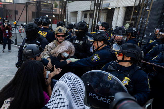 LOS ANGELES, CA - JUNE 06: A protester is arrested by police officers outside a federal detention center during an anti-ICE protest on June 6, 2026 in Los Angeles, California.  Copyright: xVCGx 111646651194