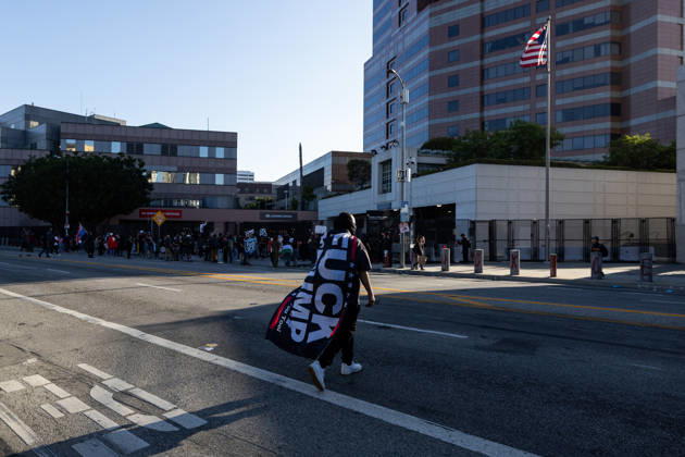 LOS ANGELES, CA - JUNE 06: Protesters rally outside a federal detention center during an anti-ICE protest on June 6, 2026 in Los Angeles, California.  Copyright: xVCGx 111646651196