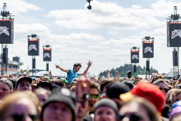 Fans in front of the large Utopia Stage during the performance of the US rap rock band Hollywood Undead as part of the Rock am Ring 2026 festival at the Nürburgring Nürburg Rock am Ring Rheinland Pfalz Germany