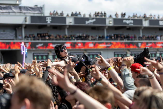 A crowdsurfer during the performance of the US rap rock band Hollywood Undead as part of the Rock am Ring 2026 festival at the Nürburgring Nürburg Rock am Ring Rheinland Pfalz Germany