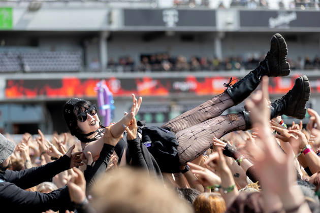 A crowdsurfer during the performance of the US rap rock band Hollywood Undead as part of the Rock am Ring 2026 festival at the Nürburgring Nürburg Rock am Ring Rheinland Pfalz Germany