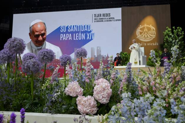 SPAIN - POPE LEO XIV DURING THE MEETING BUILDING NETWORKS WITH THE WORLD OF CULTUREM ART, ECONOMY AND SPORT AT THE MOVISTAR ARENA IN MADRID - 2026 6 7 Spain, Vatican, 2026 6 7 Pope Leo XIV during the meeting Building networks with the world of Culture, Art, Economy and Sports at the Movistar Arena in Madrid . EDITORIAL USE ONLY - NO BOOKS Copyright: xVATICANxMEDIA CPPx