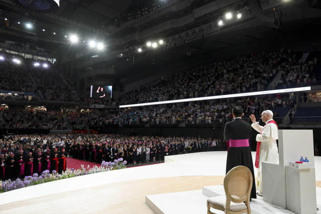 SPAIN - POPE LEO XIV DURING THE MEETING BUILDING NETWORKS WITH THE WORLD OF CULTUREM ART, ECONOMY AND SPORT AT THE MOVISTAR ARENA IN MADRID - 2026 6 7 Spain, Vatican, 2026 6 7 Pope Leo XIV during the meeting Building networks with the world of Culture, Art, Economy and Sports at the Movistar Arena in Madrid . EDITORIAL USE ONLY - NO BOOKS Copyright: xVATICANxMEDIA CPPx