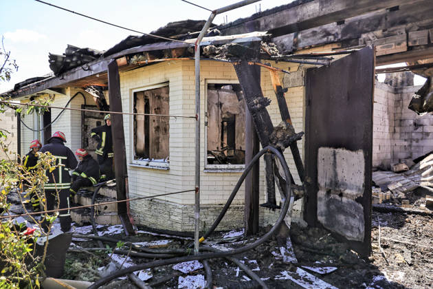 Firefighters work to extinguish a fire in a house caused by a Russian drone attack, Oleksandrivka village, Odesa region, Ukraine, June 8, 2026. (Photo by Nina Liashonok Ukrinform) Russian troops attack Odesa and region with drones  Copyright: xNinaxLiashonokx