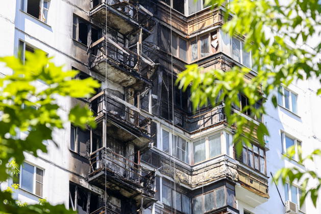 RUSSIA, MOSCOW - JUNE 10, 2026: A fire causes damage to an apartment building on Aviatorov Street, Solntsevo, western Moscow, with six balconies reportedly destroyed and 30 residents bringing themselves to safety. Pavel Seleznev TASS  93624556