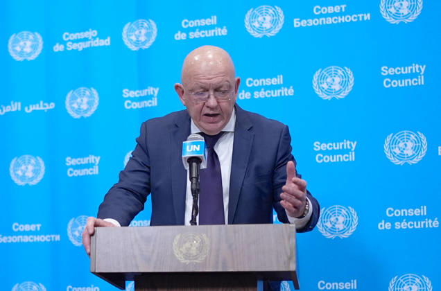Ambassador Nebenzia addresses the press at the UN Security Council media stakeout NEW YORK, UNITED STATES - JUNE 10: Ambassador Vassily Nebenzia, Permanent Representative of the Russian Federation to the United Nations, holds a press briefing at the UN Security Council Media Stakeout at the UN Headquarters on June 10, 2026, in New York City, U.S. Selcuk Acar Anadolu New York United States. Editorial use only. Please get in touch for any other usage.  Copyright: x2026xAnadoluxSelcukxAcarx