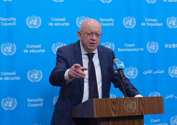 Ambassador Nebenzia addresses the press at the UN Security Council media stakeout NEW YORK, UNITED STATES - JUNE 10: Ambassador Vassily Nebenzia, Permanent Representative of the Russian Federation to the United Nations, holds a press briefing at the UN Security Council Media Stakeout at the UN Headquarters on June 10, 2026, in New York City, U.S. Selcuk Acar Anadolu New York United States. Editorial use only. Please get in touch for any other usage.  Copyright: x2026xAnadoluxSelcukxAcarx