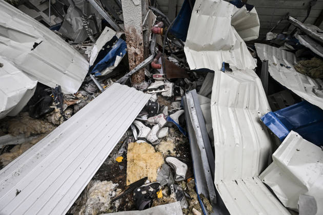 RECORD DATE NOT STATED Figure skating and hockey skates lie among rubble and construction debris at the ruins of the Favoryt Arena ice sports palace, destroyed in Russian guided aerial bomb (KAB) strikes, in the frontline city of Kherson, Ukraine, on June 3, 2026. The Russian army attacks the city daily with FPV drones and other unmanned aerial vehicles, deliberately terrorizing civilians. Russian forces conduct hunts for local residents, tracking them with FPV drones and _drop_ping explosives. Police officers, medics, public transport, and urban infrastructure are also targeted (Photo by Dmytro Smolienko Ukrinform) Life under shelling in frontline Kherson Copyright: xDmytroxSmolienkox