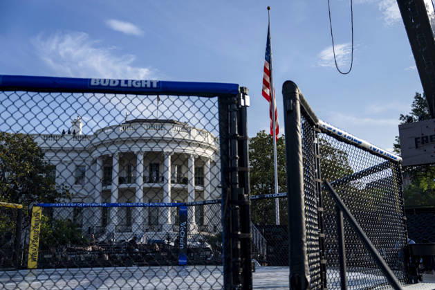 The Ultimate Fighting Championship (UFC) arena is seen as preparations continue for the UFC Freedom 250 event on the South Lawn of the White House in Washington, DC on Thursday, June 11, 2026. President Donald Trump is hosting a series of fighting matches on the South Lawn on Flag Day and his 80th birthday, June 14, in honor of America s 250th birthday.  WAP20260611311 BONNIExCASH