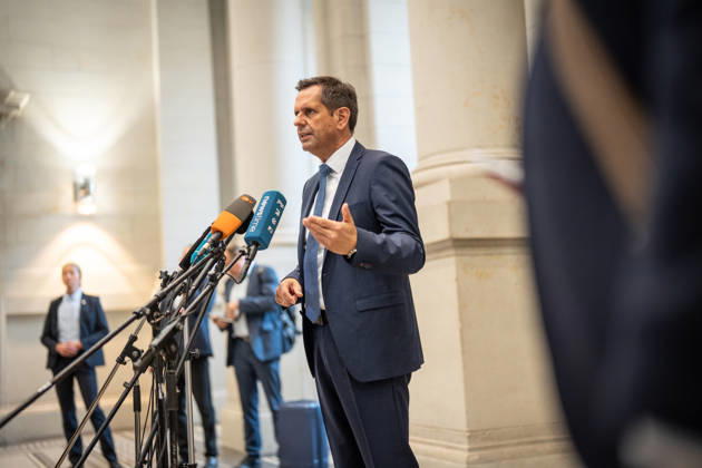 Olaf Lies, Minister-President of Lower Saxony, gives a press statement on his arrival at the Bundesrat Bundesrat meeting on June 12, 2026, Berlin Berlin Germany Bundesrat