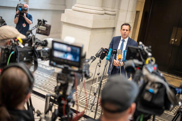 Olaf Lies, Minister-President of Lower Saxony, gives a press statement on his arrival at the Bundesrat Bundesrat meeting on June 12, 2026, Berlin Berlin Germany Bundesrat