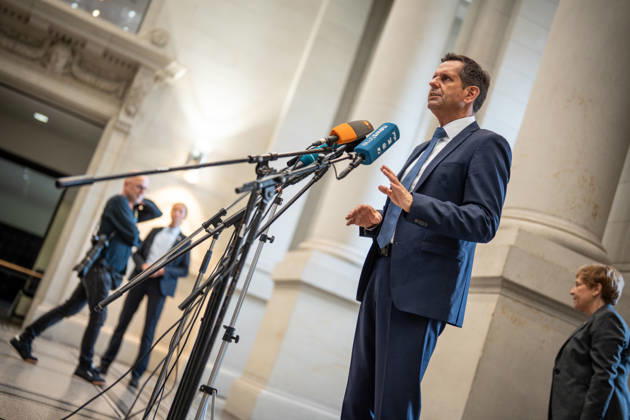 Olaf Lies, Minister-President of Lower Saxony, gives a press statement on his arrival at the Bundesrat Bundesrat meeting on June 12, 2026, Berlin Berlin Germany Bundesrat