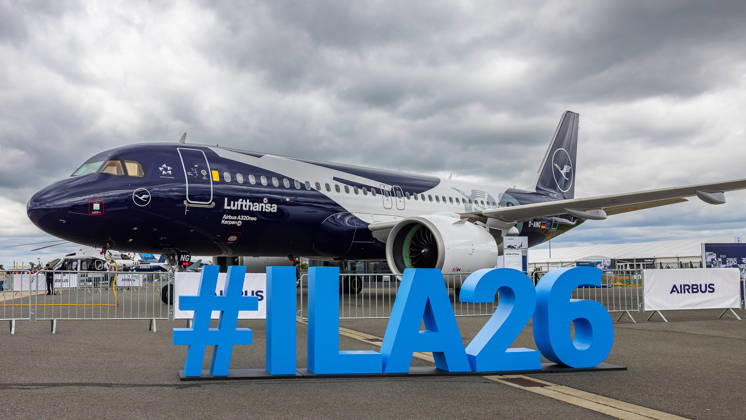 Trade visitor day at ILA Berlin 2026, Berlin, 12 06 2026 A Lufthansa Star Alliance Airbus A320neo with the registration D AING and the baptismal name Kerpen as an exhibit on the open-air grounds In the foreground the lettering logo ILA26, in the background Airbus trade fair presence under a cloudy sky Schöneberg Berlin ExpoCenter Airport Brandenburg Germany 20260612-286A9677-M4000