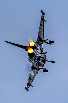 Trade visitor day at ILA Berlin 2026, Berlin, 12 06 2026 A Spanish Eurofighter Typhoon shows a steep climb with fully activated afterburner Both engines glow intense orange yellow, the landing gear is still extended Schöneberg Berlin ExpoCenter Airport Brandenburg Germany 20260612-1V9A2724-M4000