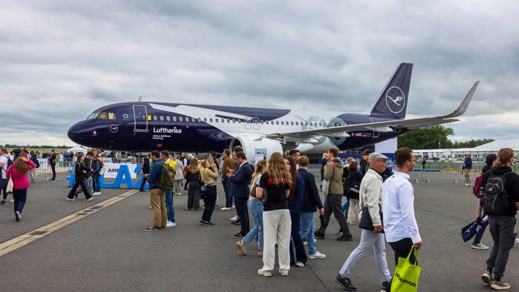 Trade visitor day at ILA Berlin 2026, Berlin, 12 06 2026 A Lufthansa D AING Airbus A320neo in a special livery to mark the airlines 100th anniversary is on display on the apron Numerous visitors view the aircraft in cloudy weather Schöneberg Berlin ExpoCenter Airport Brandenburg Germany 20260612-286A9992-M4000