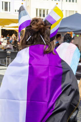 Augsburg, Bavaria, Germany June 13, 2026: Christopher Street Day (CSD) in Augsburg. The parade through the city center promotes the rights of LGBTQ+ people as well as social diversity and tolerance. The non-binary pride flag symbolizes gender diversity, individual identity, and the visibility of people outside the binary gender system