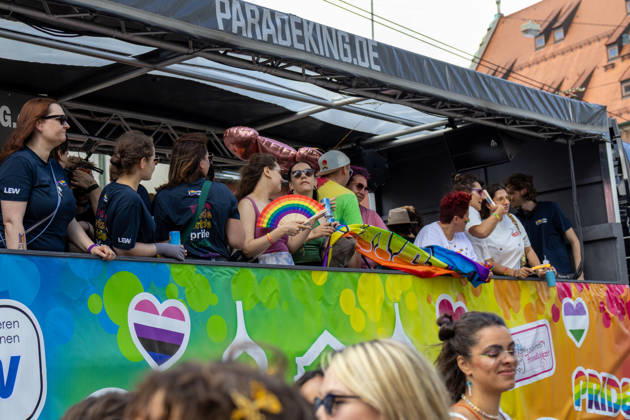 Augsburg, Bavaria, Germany June 13, 2026: Christopher Street Day (CSD) in Augsburg. The parade through the city center promotes the rights of LGBTQ+ people as well as social diversity and tolerance. People celebrate on the CSD parade float