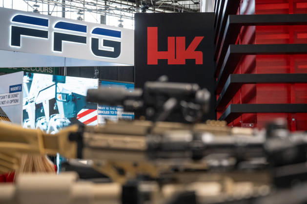 Heckler Koch exhibition stand with handguns and machine guns Eurosatory 2026 arms fair in Parc des Expositions de Paris Nord Villepinte, Villepinte Paris France Parc des Expositions de Paris No