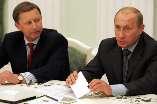 Vladimir Putin and Sergei Ivanov Vladimir Putin and Russian Defence Minister Sergei Ivanov while the meeting with NATO Secretary-General Jaap de Hoop Scheffer in Moscow. Copyright: xPhotoXPressx