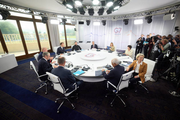 German Chancellor Friedrich Merz, British Prime Minister Kier Starmer, United States President Donald J. Trump, French President Emmanuel Macron, Ukrainian President Volodymyr Zelenskyy, Canadian Prime Minister Mark Carney, Italian President Giorgia Meloni, Japanese Prime Minister Sanae Takaichi, European Commission President Ursula von der Leyen, and European Council President Antonio Costa participate in a round table discussion at the G7 Summit in Evian, France, on Tuesday, June 16, 2026. Photo via Ukrainian Presidential Press Office WAX2026061603 UKRAINIANxPRESIDENTIALxPRESSxOFFICE