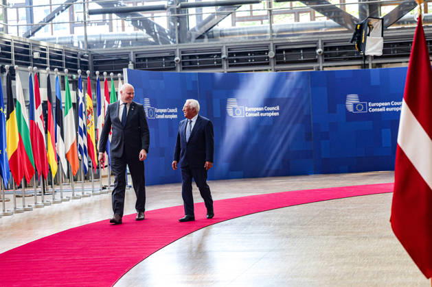 June 18, 2026, Evian, France, European Union: ANTONIO COSTA, President of the European Council, meets with ANDRIS KULBERGS, Prime Minister of Latvia, at the European Council in Brussels ahead of the European Council Summit. KULBERGS, who took office in late May, joins EU leaders as Ukraine, the Middle East, European defence, migration, competitiveness and the blocâ€⠢s next long-term budget remain among the main issues on the agenda. Evian European Union - ZUMAo116 20260618_znp_o116_024 Copyright: xBiancaxOterox
