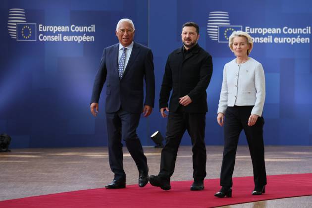 European Council President Antonio Costa, Ukraine president Volodymyr Zelensky and EU President Ursula von der Leyen pictured at the arrivals of a European Council Summit, Thursday 18 June 2026, at the Council of the European Union, in Brussels.  BENOITxDOPPAGNE 178085832