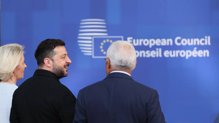 European Council President Antonio Costa, Ukraine president Volodymyr Zelensky and EU President Ursula von der Leyen pictured at the arrivals of a European Council Summit, Thursday 18 June 2026, at the Council of the European Union, in Brussels.  BENOITxDOPPAGNE 178086310