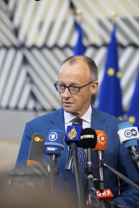 European Council Brussels, 18 06 2026 : European Council . Over a two-day summit, EU leaders will discuss key issues such as Europe s economic competitiveness, the EU s long-term budget, defence capabilities, Ukraine and the Middle East. Pix : Friedrich Merz . Credit : Aurore Martignoni CC . Brussels Belgium  Copyright: xContentxCurationx AurorexMartignonix xCCx