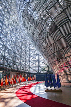 June 18, 2026, Brussels, Belgium, European Union: Sunlight shines through and reflects abstract shadows and flags are seen inside the Europa building at the European Council in Brussels ahead of the European Council Summit. Brussels European Union - ZUMAo116 20260618_znp_o116_001 Copyright: xBiancaxOterox