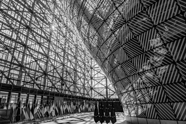 June 18, 2026, Brussels, Belgium, European Union: Black and white perspective as sunlight shines through and reflects abstract shadows and flags are seen inside the Europa building at the European Council in Brussels ahead of the European Council Summit. Brussels European Union - ZUMAo116 20260618_znp_o116_017 Copyright: xBiancaxOterox