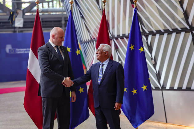June 18, 2026, Evian, France, European Union: ANTONIO COSTA, President of the European Council, meets with ANDRIS KULBERGS, Prime Minister of Latvia, at the European Council in Brussels ahead of the European Council Summit. KULBERGS, who took office in late May, joins EU leaders as Ukraine, the Middle East, European defence, migration, competitiveness and the blocâ€⠢s next long-term budget remain among the main issues on the agenda. Evian European Union - ZUMAo116 20260618_znp_o116_029 Copyright: xBiancaxOterox