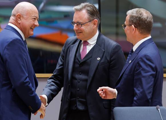 Austrian Chancellor Christian Stocker, Prime Minister Bart De Wever and Finland Prime Minister Petteri Orpo pictured during a European Council Summit, Thursday 18 June 2026, at the Council of the European Union, in Brussels.  BENOITxDOPPAGNE 178117553