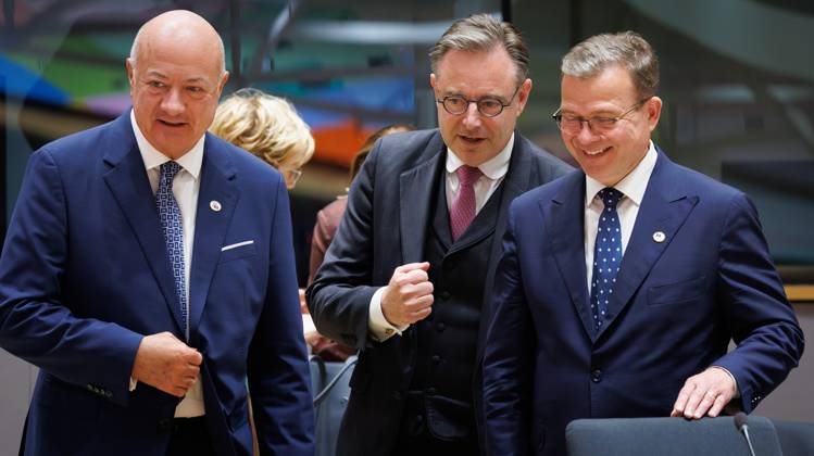 Austrian Chancellor Christian Stocker, Prime Minister Bart De Wever and Finland Prime Minister Petteri Orpo pictured during a European Council Summit, Thursday 18 June 2026, at the Council of the European Union, in Brussels.  BENOITxDOPPAGNE 178117600