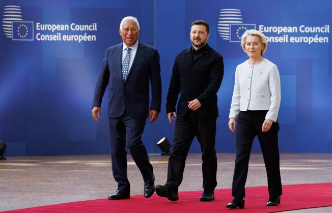 European Council President Antonio Costa, Ukraine president Volodymyr Zelensky and European Commission President Ursula von der Leyen pictured at the arrivals of a European Council Summit, Thursday 18 June 2026, at the Council of the European Union, in Brussels.  BENOITxDOPPAGNE 178121132
