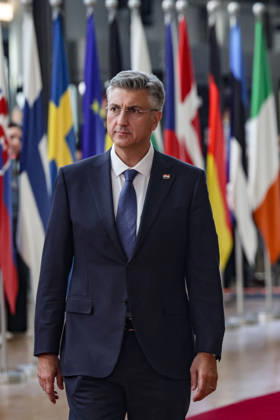 June 18, 2026, Brussels, Belgium, European Union: ANDREJ PLENKOVIC, Prime Minister of Croatia, walks out to greet the press ahead of a roundtable meeting during the first night of the European Council Summit in Brussels. Croatia is expected to focus on European competitiveness, defence and security, migration, enlargement and the EUâ€⠢s next long-term budget, alongside wider discussions on Ukraine and the Middle East. Brussels European Union - ZUMAo116 20260618_znp_o116_074 Copyright: xBiancaxOterox