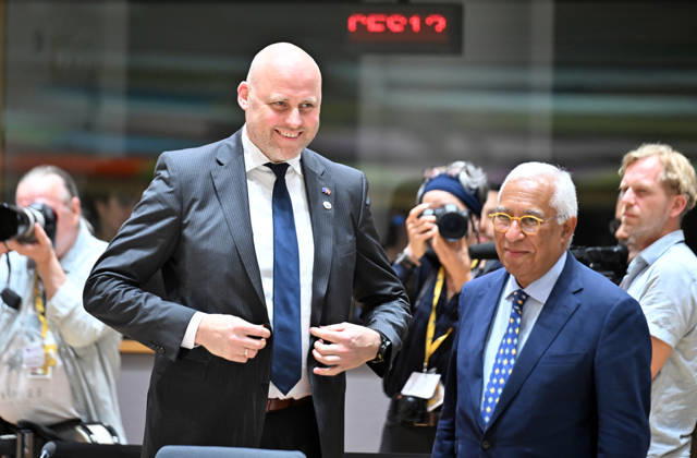 EU Leaders Summit in Brussels BRUSSELS, BELGIUM - JUNE 18: Prime Minister of Latvia Andris Kulbergs (L) and President of the European Council Antonio Costa (R) attend the EU Leaders Summit to discuss support for Ukraine, competitiveness, trade relations with China, the EU budget, and developments in the Middle East in Brussels, Belgium on June 18, 2026. Dursun Aydemir Anadolu Brussels Belgium. Editorial use only. Please get in touch for any other usage.  Copyright: x2026xAnadoluxDursunxAydemirx